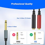 XMSJSIY 1/4" 6.35mm TS Mono Splitter 1 to 2 Audio Y Splitter Cable Adapter 6.35mm TS Male to Dual Female Mono Guitar Signal Audio Cord Gold Plaed for OFC HiFi TS Speaker Microphone Headphone-2M/6.5FT