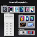 USB Charging Station 50w10A 10-Port Charger, Multiport Charger Hub, Compatible with iPhone, Galaxy, iPad Tablet, and Other Devices（White）