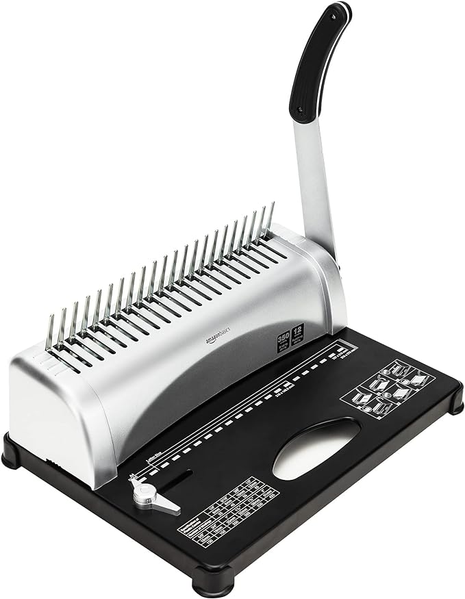 Amazon Basics Comb Binding Machine, 350 Sheets Capacity, for paper sizes A5(15 holes)/Letter(19 holes)/A4(21 holes) with Adjustable Margin, Grey