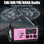 74000mWh Emergency Radio with NOAA Weather, Portable Hand Crank SW/AM/FM Survival Radio with Fast Charge Rechargeable Solar Battery, Flashlight, Reading Lamp,SOS Sirenor Home Outdoor(Pink)
