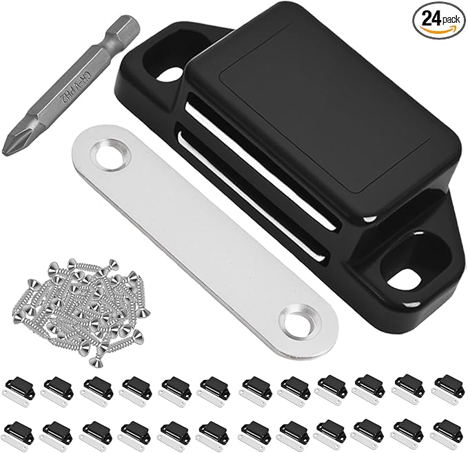 24 Pack Magnetic Push Latch,Heavy Duty Magnetic Touch Latch,for Push to Open Cabinet or Kitchen Drawer, Kitchen Door (Black - 0.98 inch, 24 Pack)