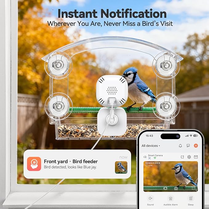 Dzees Window Bird Camera with Strong Suction Cups, 2K HD WiFi Bird Feeder Camera with AI Bird Recognition, Live Streaming, Two-Way Audio, Cloud & SD Storage, Perfect for Bird Lovers and Educators