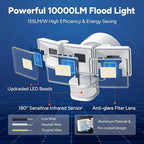 OREiN 10000LM Super Bright LED Flood Light Outdoor, Hardwired Motion Sensor Floodlight, 180°/75FT Detection, 4 Lighting Modes, IP65 Waterproof, Covers 8,000 sq.ft, Patio, Driveway, Backyard, Garage