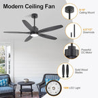 WINGBO 54" Ceiling Fan with Light - 5 Carved Solid Wood Blades, 6-Speed Reversible DC Motor, Dimmable, 3CCT, Noiseless Remote Control Ceiling Fans with Lights for Bedroom Living Room, Matte Black