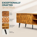 Bme Georgina Solid Wood, 10 Minutes Assembly Entertainment Center with Storage Geometric Pattern Console for Living, Bedroom, Dining Room, TV Stand 65 Inch, Teak Brown