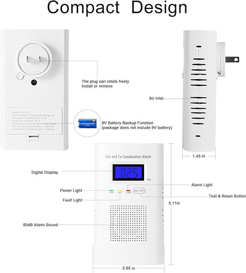2 Packs Combination Gas & Carbon Monoxide Detector, Plug in Carbon Monoxide Alarm & Natural Gas Detector,Propane,Methane,with Backup 9V Battery Feature, Digital Display, for Home, Apartment, RV