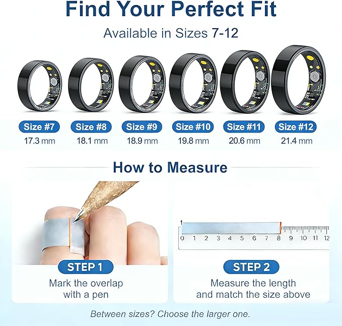 Smart Ring Health & Fitness Tracker for Men & Women, Heart Rate, SPO₂, Sleep & Activity Monitoring, IP68 Waterproof, Long Battery Life, Family Care Mode, No Subscription Fee (Black, 7)