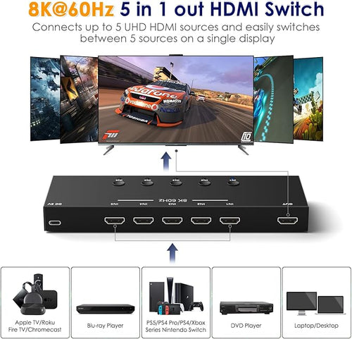 8K@60Hz HDMI 2.1 Switch 5 in 1 Out, 48Gbps Ultra HD 4K 120Hz, HDR10/Dolby Vision, 3D, Supports DTS-HD, Dolby TrueHD Compatible with PS5/4 Xbox Nintendo Switch Roku Apple TV Fire Stick Gaming PC