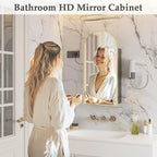 Gold Bathroom Medicine Cabinet with Mirror,Arched Bathroom Cabinet with Outlets,Vanity Mirror with Storage,Wall Mounted Medicine Cabinet with Adjustable Shelves,2 Power Outlets,16X32 Inch