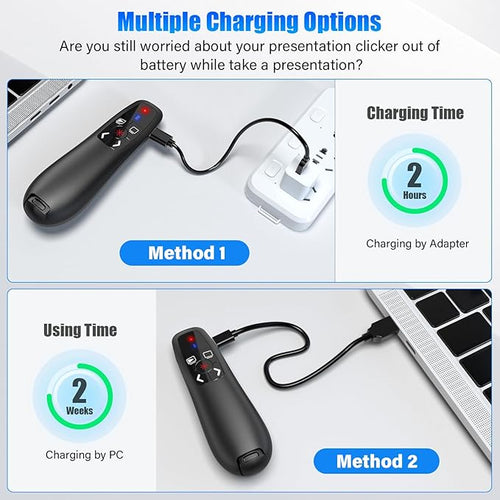 2-in-1 USB Type C Presentation Clicker, Clicker for PowerPoint Presentations, Rechargeable Wireless Presenter Remote, Pointer RF 2.4GHz USB PowerPoint Clicker Slide Advancer with Volume Control