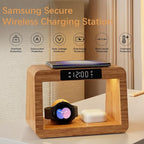 Bamboo Wireless Charging Station, 3 in 1 Charging Station with Light & Clock for Samsung & Android Phone, Wireless Phone Charger Station Only for Samsung Watch