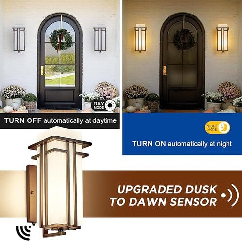 15.35"H Matte Brown Outdoor Wall Light Large Outdoor Wall Lantern Oil Rubbed Bronze Exterior Light Fixture Waterproof Metal with Frosted Glass Sconce Light for Porch Garage Front Door, Brown (Large)