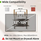 USX MOUNT Heavy Duty TV Wall Mount for 32-105" TVs up to 165lbs with 8" Sliding Design,Ultra-Large Mount for up to 24" Studs with Swivel,Tilt&Leveling,Pre-Assembled Monitor Bracket Max VESA 800x600mm