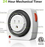 BN-LINK Outlet Timer Indoor, 24-Hour Heavy Duty Mechanical Light Timer with 15-Minute Intervals, 3 Prong Plug Outlet for Aquariums, Grow Lights, Indoor Lighting, Home Appliances, ETL Listed, 2-Pack