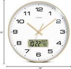 TIMESS Wall Clock, 12" Dial Non-Ticking Silent Battery Operated Analog with LCD Display for Perpetual Calendar and F° Temperature, Ideal Modern Home, Bedroom, Kitchen, Office Decor (Gold)