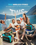 TPWIN Powerful 80W Outdoor Bluetooth Speaker: IPX6 Waterproof, Rugged, 20H Playtime, Deep Bass, Lightshow, TWS, BT 5.3 Wireless, Portable for Travel Hiking Camping Beach Pool - Teal