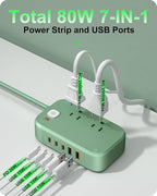 KWRNVO 5FT USB Charging Station with Outlets, Flat USB C Travel Power Strip PD 20W Charger with 2500W AC Outlets, 3 USB-C Ports, 2 USB-A Ports Extension Cord for Home/Office/Travel