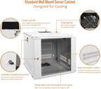 Tecmojo 9U Wall Mount Rack Network Cabinet for 19" IT Equipment,with Lockable Glass Door and Side Panels,Cooling Fan,17.7inch Depth,White,Computer/Electronics Equipment Data Rack