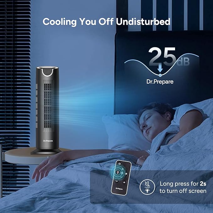 DR.PREPARE Tower Fan for Bedroom, 25 dB Quiet DC Bladeless Fan with Remote, 8 Speeds, 1-8H Timer, 80° Oscillating Fans for Indoors, 16 Inch Portable Desk Table Fans for Room, Home, Office
