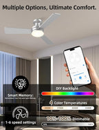 Homlit 42" RGB Ceiling Fan with Light, Music Sync Smart Fan with Alexa/Google/App Control, Low Profile Flush Mount, 6-Speed Quiet DC Motor, 4 CCT Dimmable Lighting for Bedroom Living Room, Silver