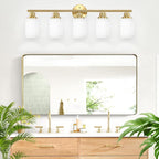 Guliaofo 5-Light Vanity Lights, Brushed Gold Bathroom Light Fixture with Striped Textured Milky White Glass Shade, E26 Modern Vanity Lighting Fixture for Bathroom Wall Sconce Light Over Mirror