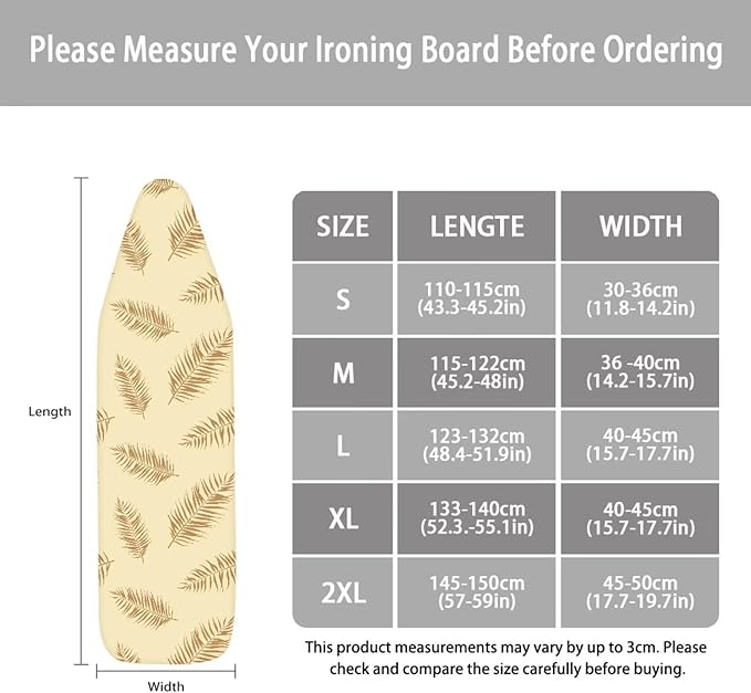 ZCFYGDX Ironing Board Covers,Elastic Edge 3 Bottom Nylon Buckle Straps, Stain Resistant & Resistant Scorch, Easy to Installation Fasteners Minimalist Palm Leaf Print Decor Size-S 14 x 45