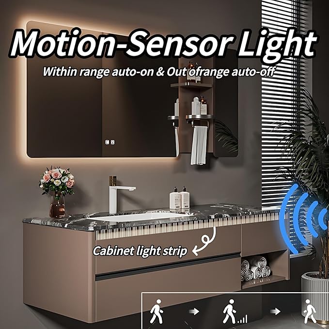 Modern Bathroom Vanity - Spacious Deep Sink | Defogging LED Mirror & Human Body Sensor Light, Open Side Panel, Floating Smart Bathroom Vanities (92IN)