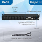1U PDU Rack Mount Power Surge Protection, 8 NEMA 5-15R Outlets & 5-Port Gigabit Ethernet Switch, 100-250V 15A 3600 Joules, w/10KA SPD Lightning & 6ft Cord, ETL Listed