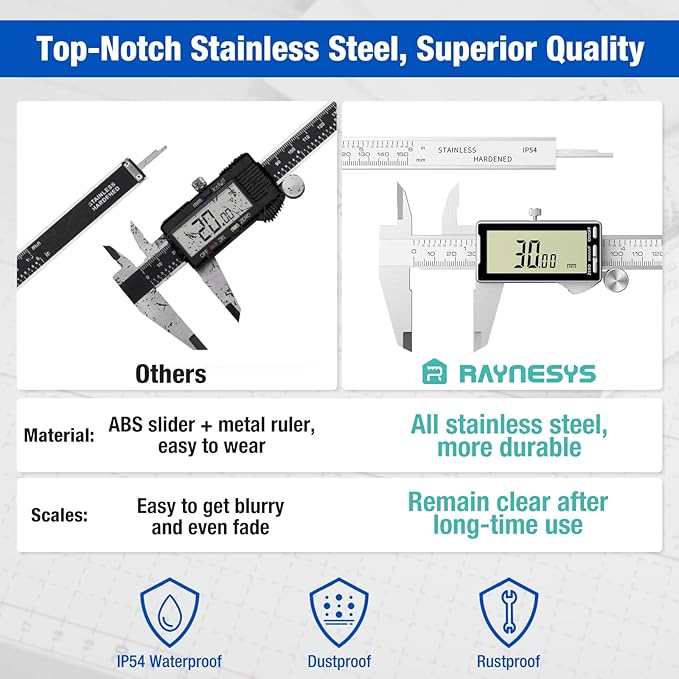 Raynesys Digital Caliper 12 Inch with Large LCD Screen, Inch/MM/Fraction Conversion, 300mm Micrometer Caliper All Stainless Steel Diameter Measuring Tool for Jewelers/Woodworkers/DIY