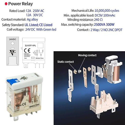 12 Pcs 8Amp Mini Relay Switch UL Listed DPDT with Test Button 24VDC 8Pin Socket Base with Indicator Light Relay Tester