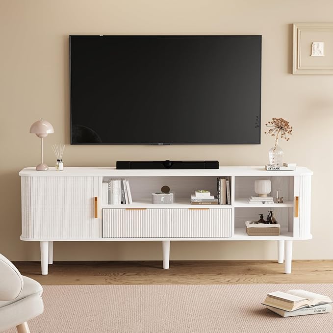 DAMCROP TV Stand 62.4 Inch Mid Century Modern Media Console Table with Drawer Sliding Tambour Door Farmhouse Sideboard Buffet Cabinet Fits TVs up to 75 inch Fluted Wood Entertainment Center(White)