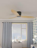 OUATER Flush Mount Ceiling Fan no light with Remote, 52 inch Low Profile Wood Ceiling Fan without light for Outdoor, Bedroom, Natural Wood and matte Black, DC Motor, 6 Speed