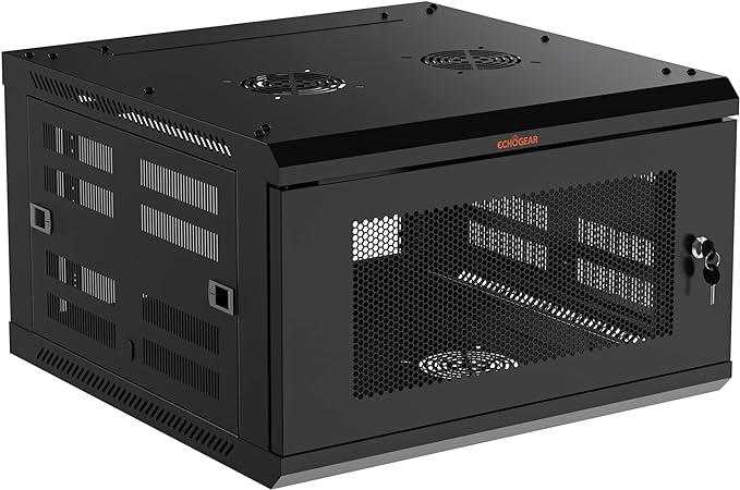 ECHOGEAR 6U Network Rack - Enclosed Wall Mount Rack Kit Includes 2X 1U Shelves, Pre-Mounted Fan, Lockable Door & Hardware - 600mm Depth Fits All Your AV Gear