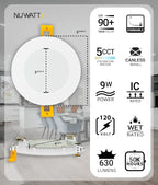 NUWATT 12 Pack, 4 Inch Ultra-Thin LED Recessed Lighting, 5CCT 2700K/3000K/3500K/4000K/5000K Selectable, 630LM, 9W, IC Rated, Dimmable Slim Panel Light, White Trim Canless Wafer with Junction Box, ETL