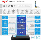 MeLE Mini PC Quieter 4C - 12th Gen N100, Fanless PC, 8GB Memory, 128GB Storage, 2.4/5G Wi-Fi, Full-Functional USB-C, 4K Triple Display Desktop on Home, Office, Education, Astrophotography