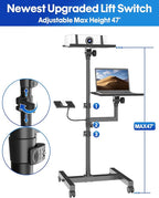 ORWOD Projector and Laptop Stand Tripod, 2 Shelves Mobile Laptop Tripod Stand, Max 47" Height Adjustable Laptop Cart on Wheels, Projector Floor Stand with Ventilated Tray for Podium, Meeting, Couch