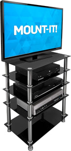 Mount-It! Tempered Glass AV Component Media Stand, Audio Tower and Media Center with 5 Shelves, 220 Lbs Total Capacity, Black Shelves Chrome Legs (MI-8671)