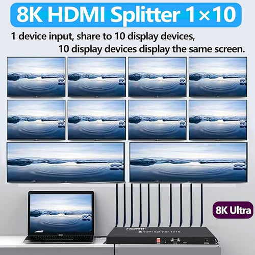 8K HDMI Splitter 1×10 HDMI2.1 Replicator Distributor 1 in 10 Out Affordable Splitter Multi-Monitor 8K@60Hz Full Ultra-HD Supports EDID RS232 Rest Button 3D HDR 48Gbps for Xbox PS4 DVD HDTV etc
