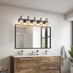 FDPBY Modern Bathroom Vanity Light, 5-Light Black Wall Sconce with Crystal Accents, Over Mirror Bathroom Lighting Fixture, 42.51" Long Dimmable Vanity Lamp for Makeup, Easy Installation