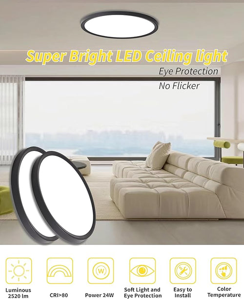 4pack 12 Inch Flush Mount Ceiling Light, 24w Led Ceiling Light, 3000k/4000k/6000k Selectable 2520lm Ceiling Lights, Super Slim Led Light Fixture for Bedroom Kitchen Living Dining Room Office (Black)