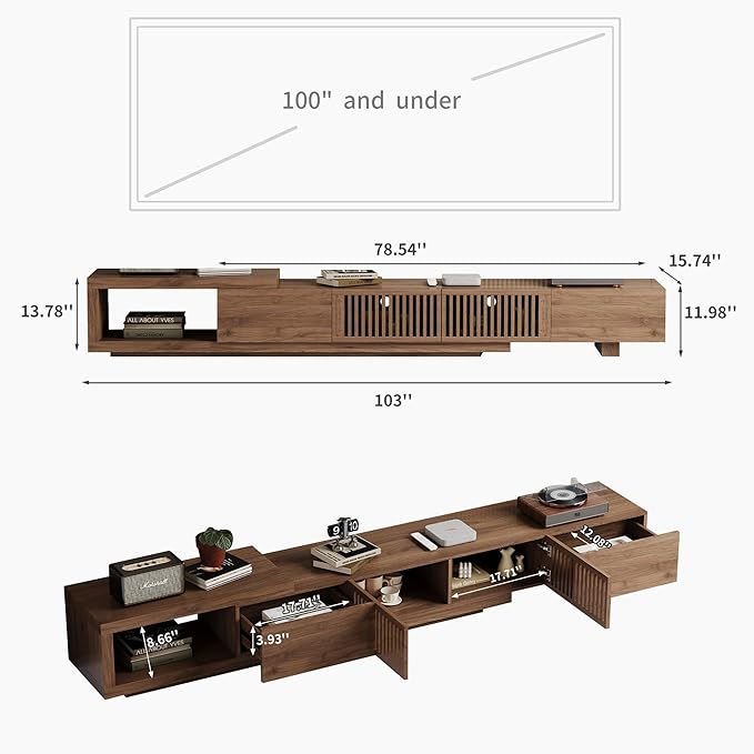 gaoyangjiaju Modern Walnut TV Console for 75+ Inch Screen – Extendable Wood Media Unit (78"-103") with Grille Doors and Drawers, Great for Living Rooms & Bedrooms