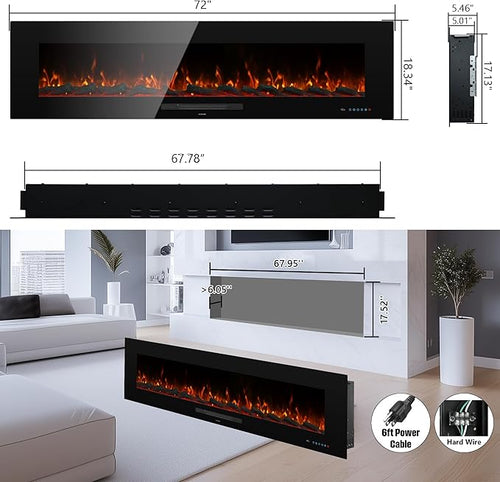 72" Electric Fireplace, Recessed & Wall Mounted Fireplace Heater 13 * 13 Colors Flame &Fuel Bed w/5 Dimmer, Touchscreen &Remote Control Temp, Overheating Protect, Hardwired, 1500W, Black