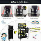 Lumizone Rolling Tool Cart with Wheels and Pegboard Hooks Folding Utility Service Cart for Garage Organizer Storage Foldable Power Tool Organization on Wheels Heavy Duty Frame (Tool Cart+Hooks)