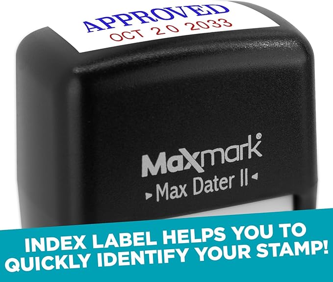 MaxMark Self-Inking Rubber Date Office Stamp with Approved Phrase & Date - Blue Ink (Max Dater II), 12-Year Band