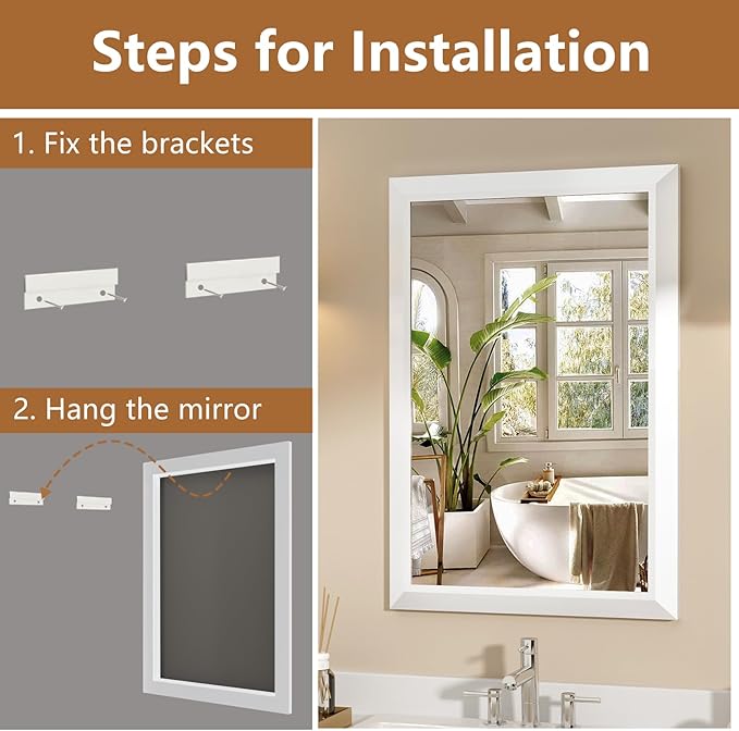 SMIROR Matte White Bathroom Mirror for Over Sink, 36”x 30” Metal Thick Framed Rectangle Vanity Mirror for Wall, Right Angle Corner, Anti-Rust, Horizontally or Vertically Mounted