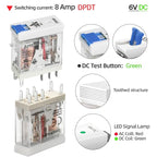 6 Volt Electromagnetic Power Relay with Test Button Coil 8Amp 8 Pins DPDT with Indicator Light and Socket Base UL CE TUV Certification