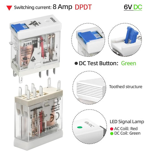 6 Volt Electromagnetic Power Relay with Test Button Coil 8Amp 8 Pins DPDT with Indicator Light and Socket Base UL CE TUV Certification