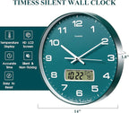 TIMESS Wall Clock, 14" Large Dial Non-Ticking Silent Battery Operated Analog with LCD Display for Perpetual Calendar and F° Temperature, Ideal Modern Home, Bedroom, Kitchen, Office Decor(Green)