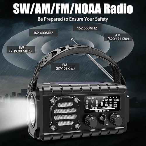 20000mah Hand Crank Emergency Radio, SW/NOAA/AM/FM Weather Radio, Solar Powered Hand Crank Charger with Big Battery Powered, Portable, Cellphone Charge, SOS, Flashlight for Emergency/Home (Black)