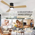 revoici Flush Mount Ceiling Fan with Light Remote, 52inch Natural Wood Ceiling Fans, 6 Speeds Reversible DC Motor 3CCT LED Lighting, Indoor Outdoor Fan Farmhouse Bedroom Living Room